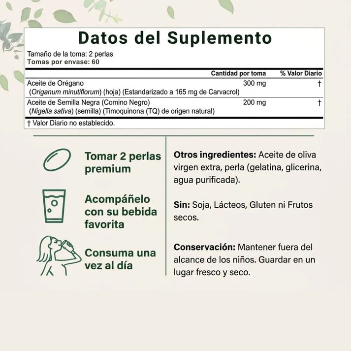 Información del suplemento: 2 perlas por toma, aceite de orégano 300 mg y aceite de comino negro 200 mg
