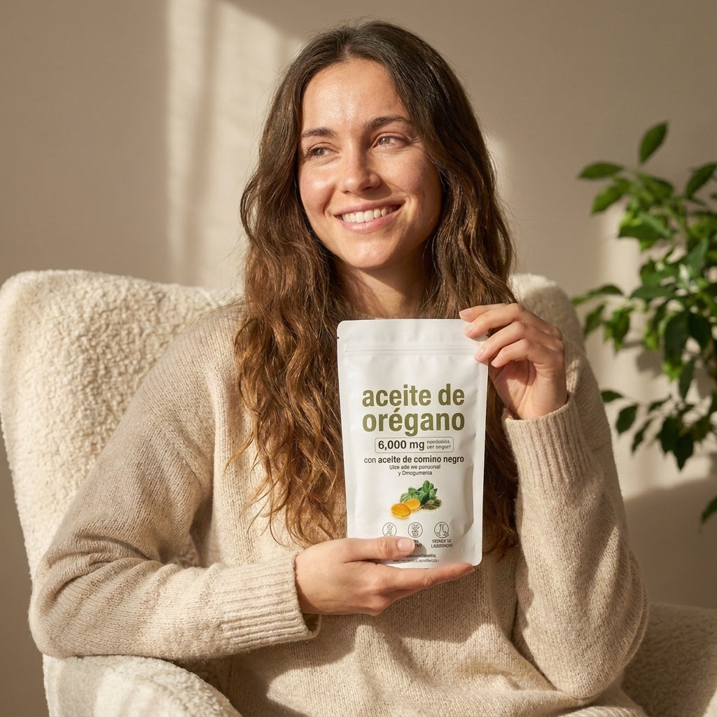 Mujer sonriendo con la bolsa de Aceite de Orégano + Comino Negro
