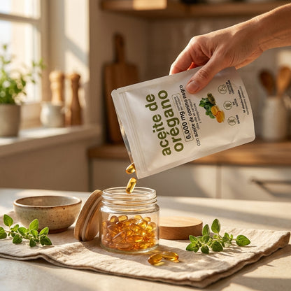 Perlas de aceite de orégano sirviéndose en un bote de cristal en la cocina