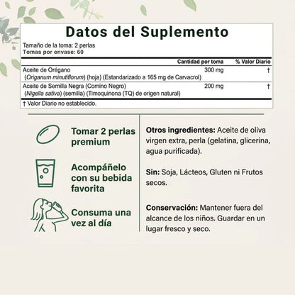 Información del suplemento: 2 perlas por toma, aceite de orégano 300 mg y aceite de comino negro 200 mg
